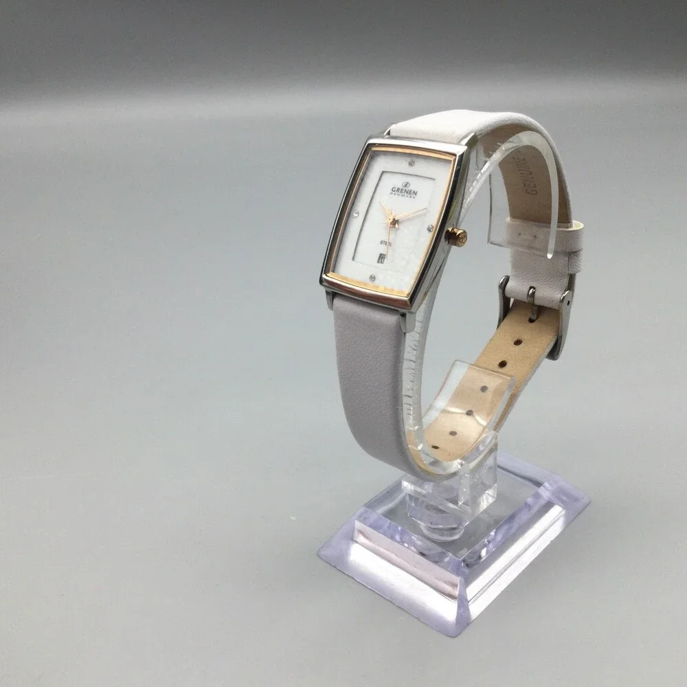 Grenen Denmark Watch Women 23mm Steel Case White Leather Strap Date New Battery